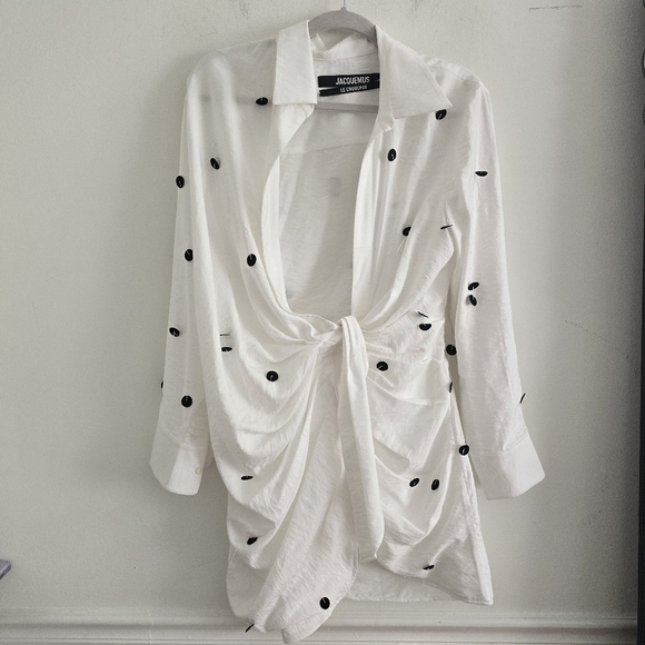 Jacquemus Bahia twist front polka dot embellished twill mini dress new - Picture 6 of 13